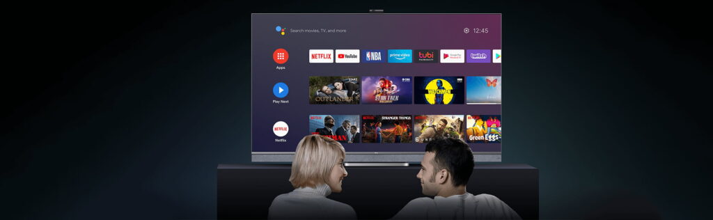 NetMirror on an Android TV home screen with streaming apps and content rows